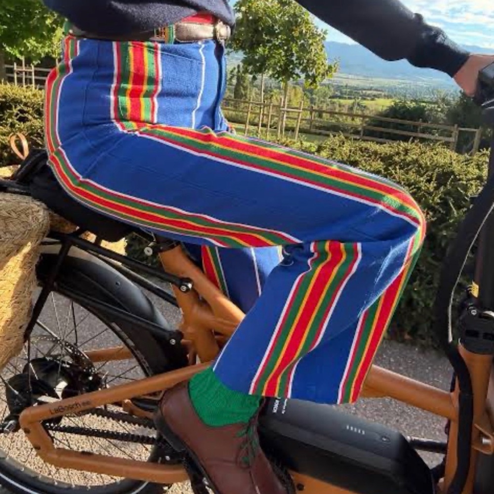 Blue Striped Straight-Leg Pants with Multicolor Trim